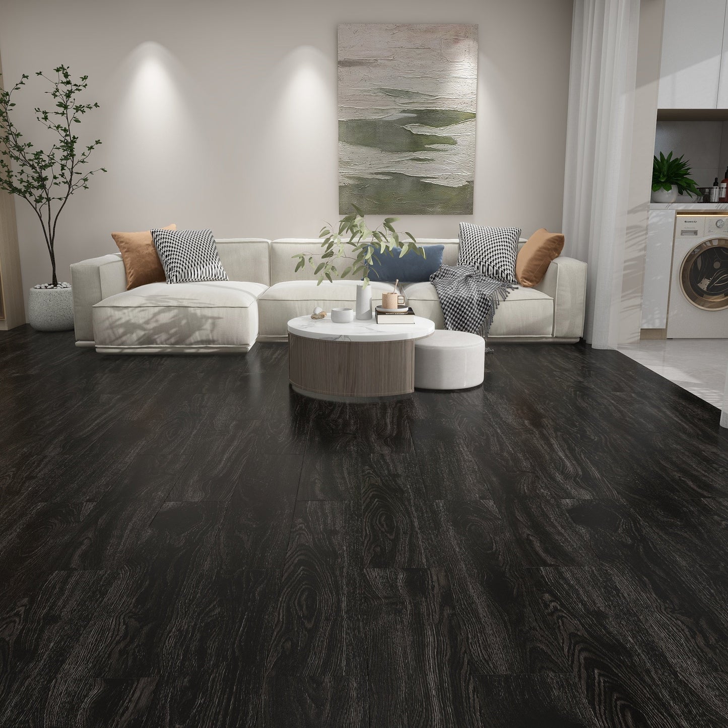 Modern living room with dark wood flooring, white walls, and a washing machine in the background.
