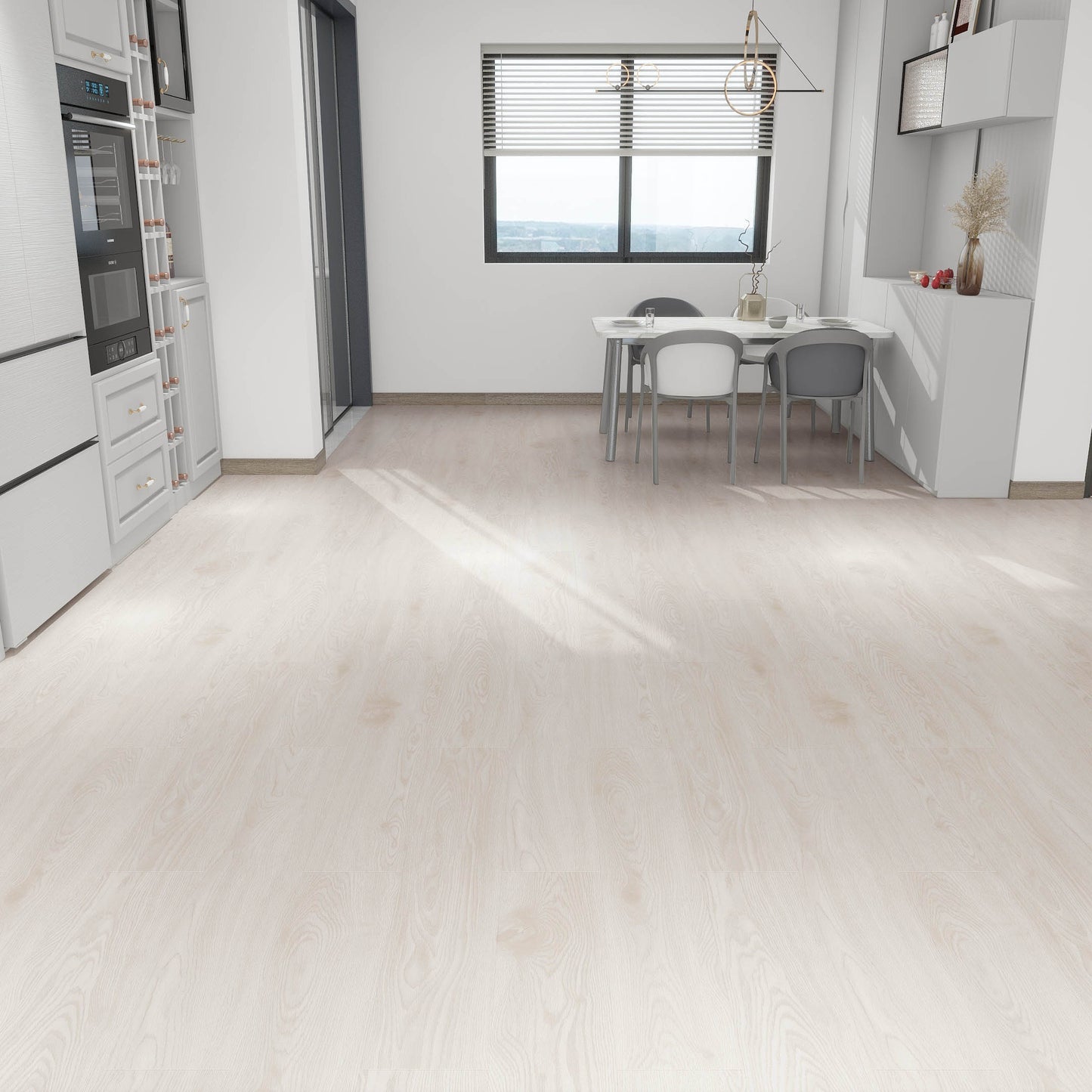 Modern kitchen with light wood flooring and white walls.