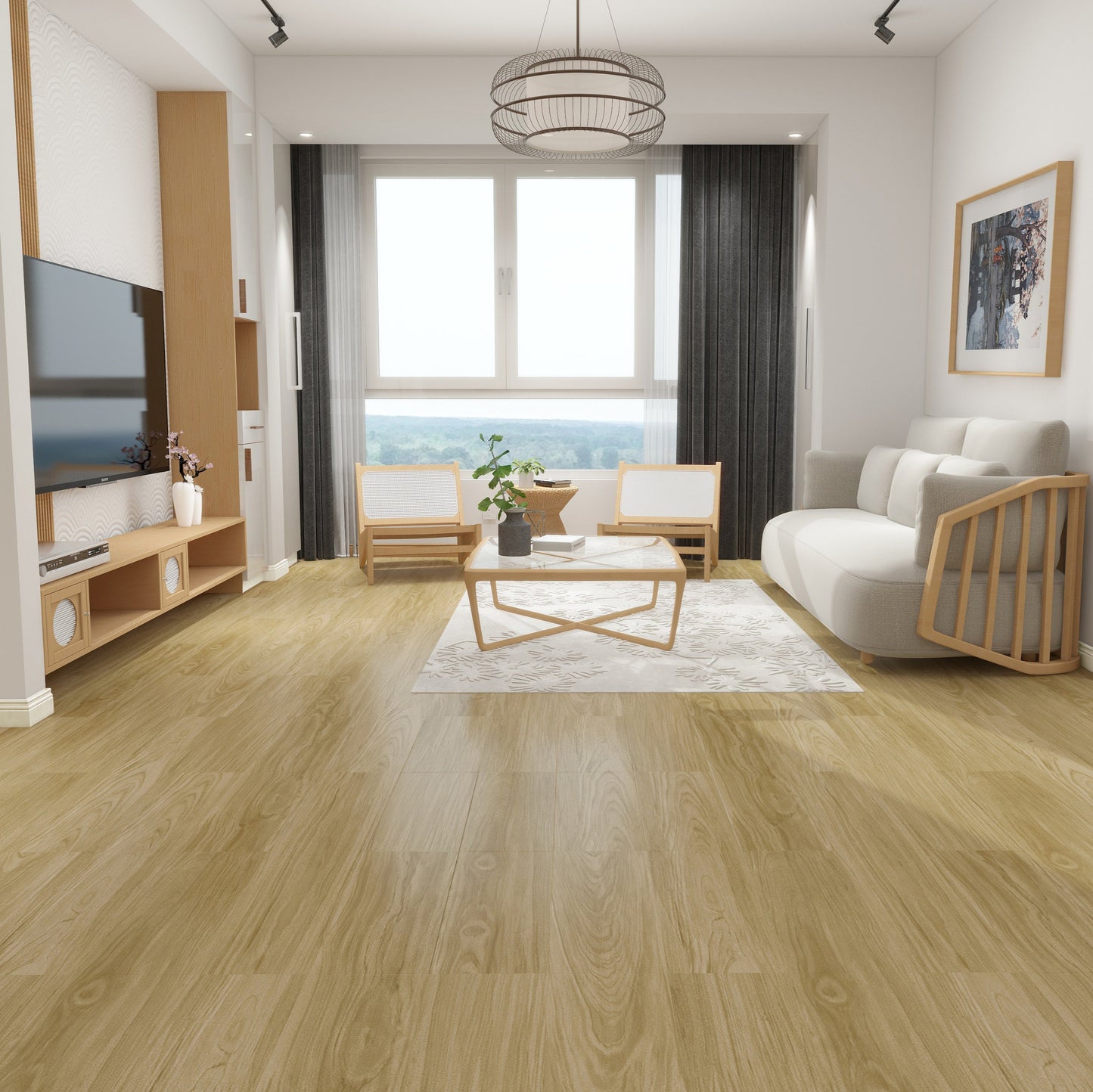 Modern living room with wooden flooring, furniture, and a large window.