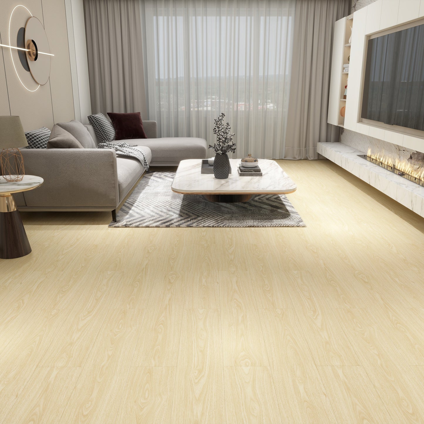 Modern living room with beige flooring, gray sofa, and decorative elements.