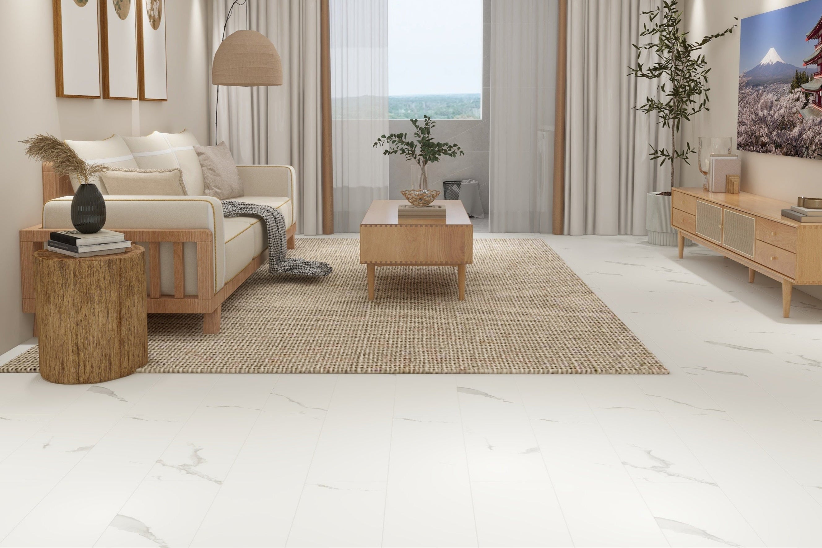 Modern living room with white walls, beige carpet, and wooden furniture.