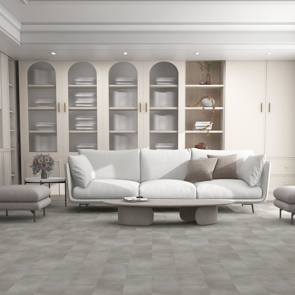 Modern living room with a gray sofa, coffee table, and bookshelves.
