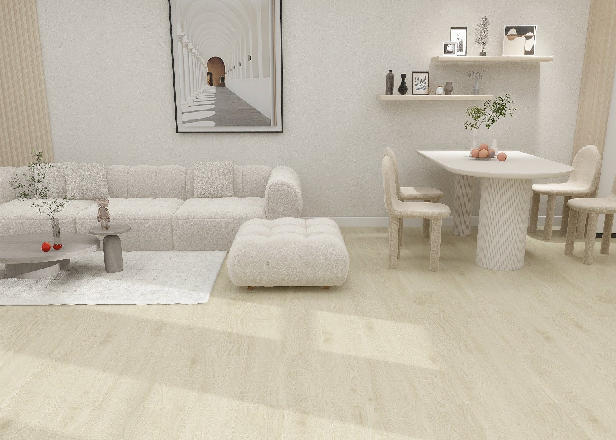 Modern living room with light wood flooring, furniture, and decor.