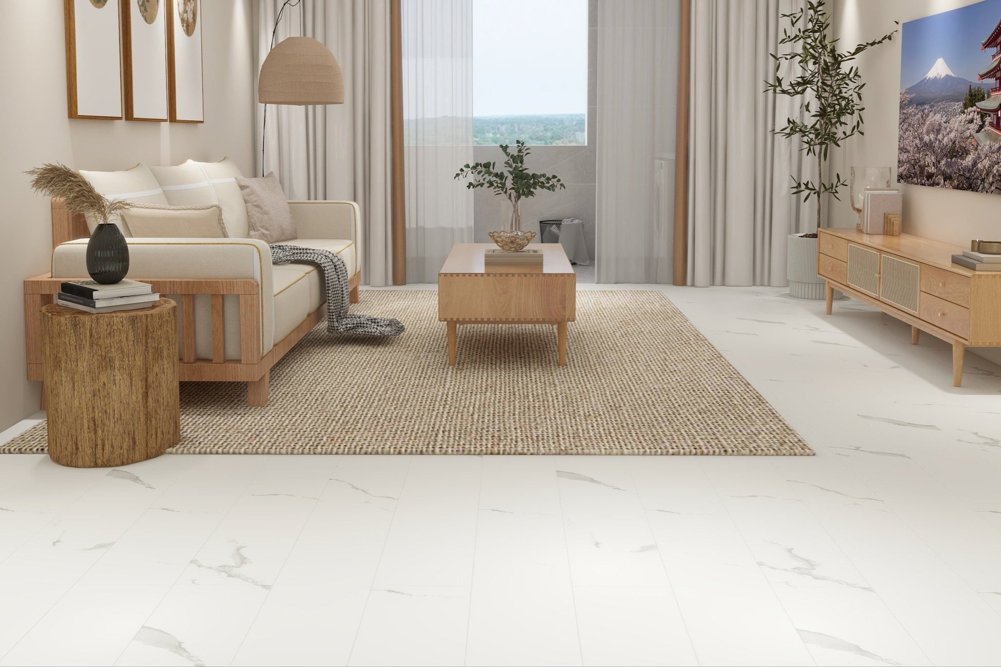 Modern living room with white walls, beige carpet, and wooden furniture.