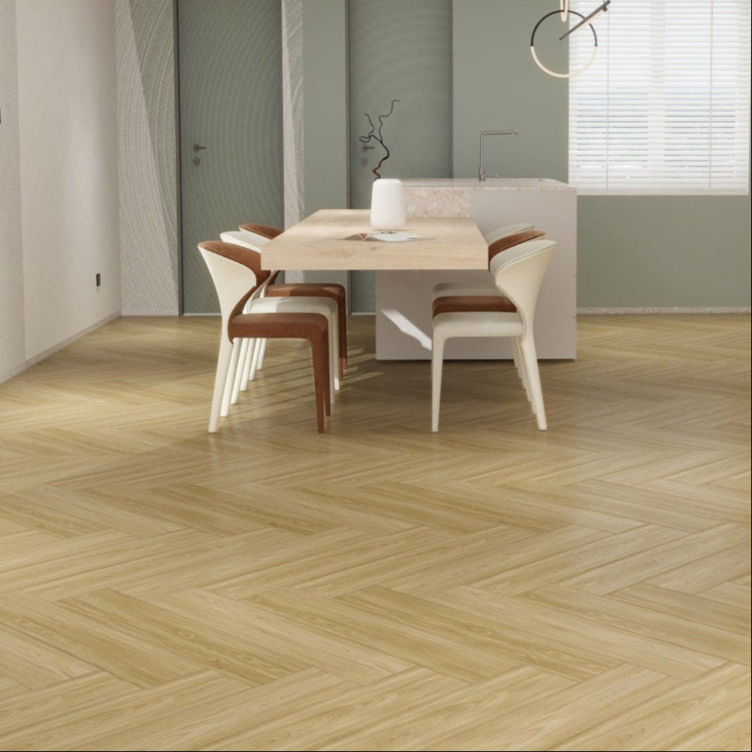 Modern interior design with wooden flooring, white walls, and minimal furniture.