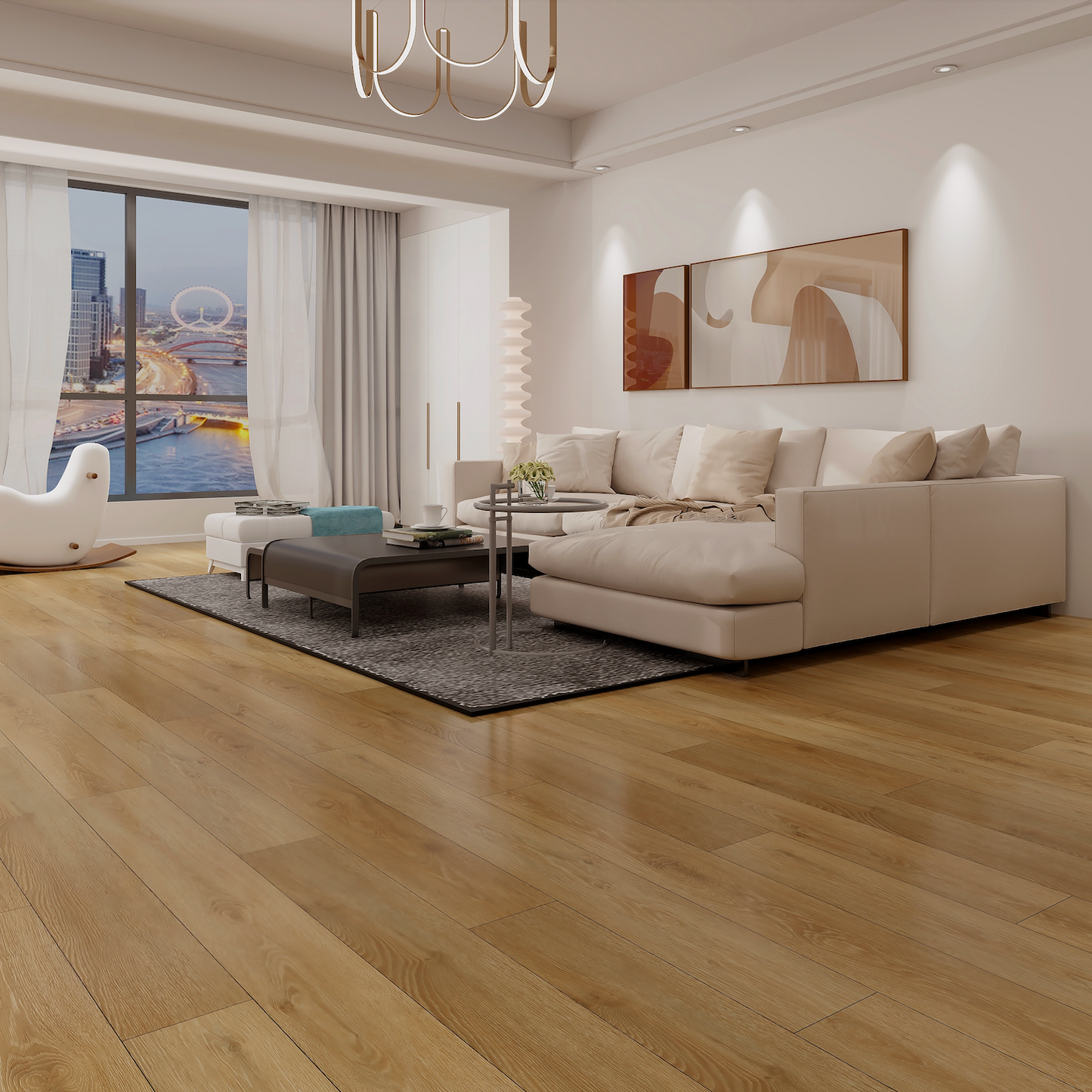 Modern living room with a sectional sofa, coffee table, and decorative items.