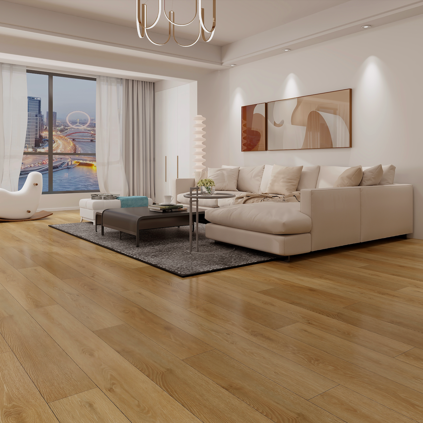 Modern living room with a sectional sofa, coffee table, and decorative items.