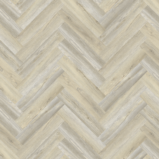 Patterned flooring with a herringbone design in neutral tones