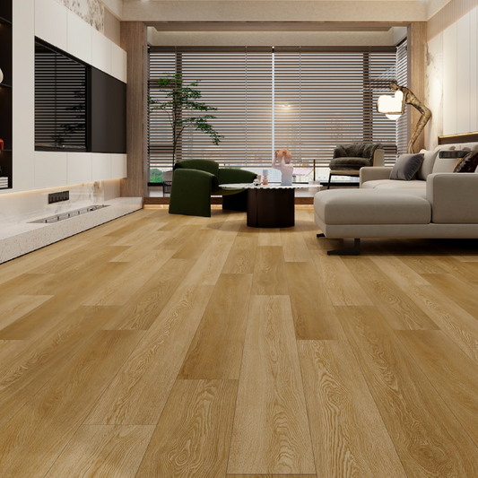 Modern living room with wooden flooring, furniture, and decor.
