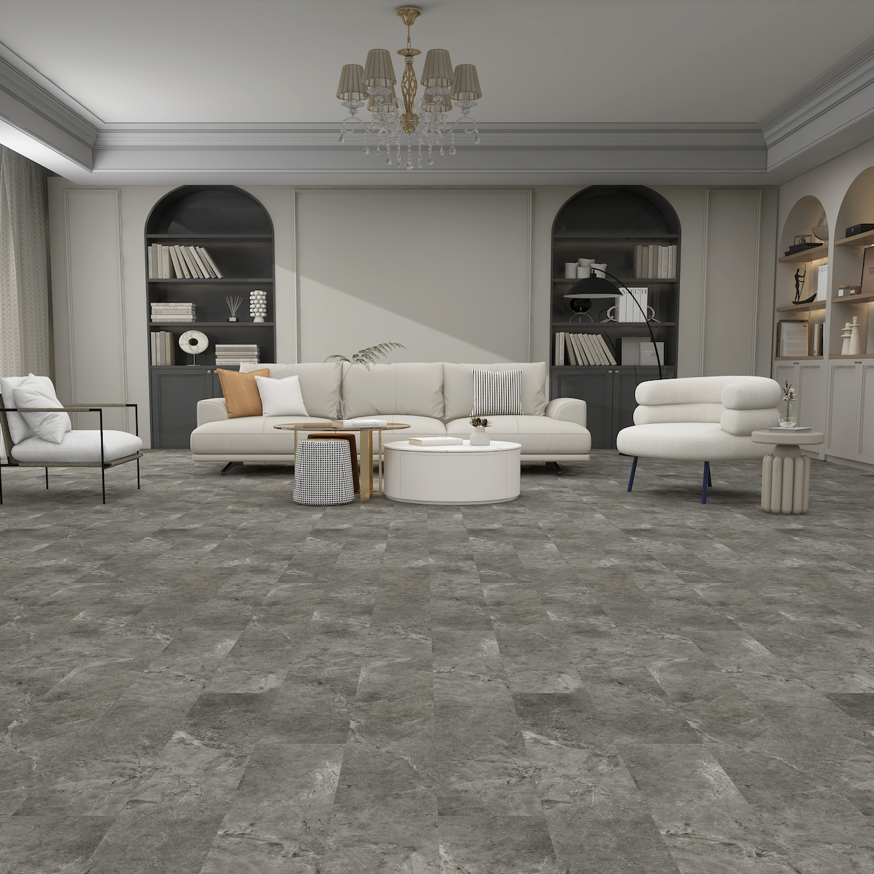 Modern living room with gray tiled floor, white furniture, and bookshelves.